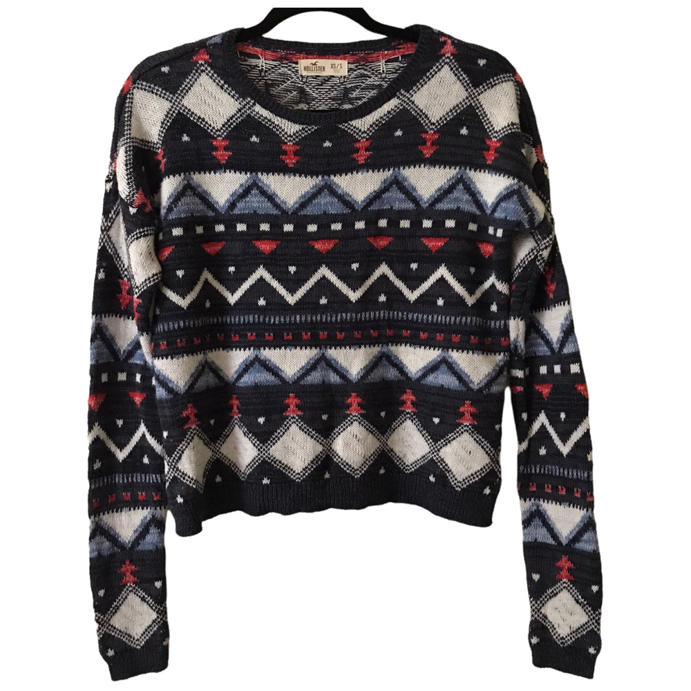 Hollister Sweater Womens XS/S Navy Fun Print Long Sleeves Loose Fit Knit Cropped